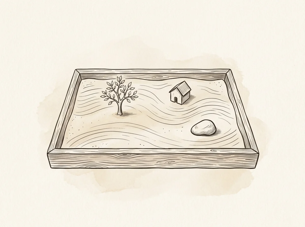 Ilustracja: piaskownica terapeutyczna z figurkami